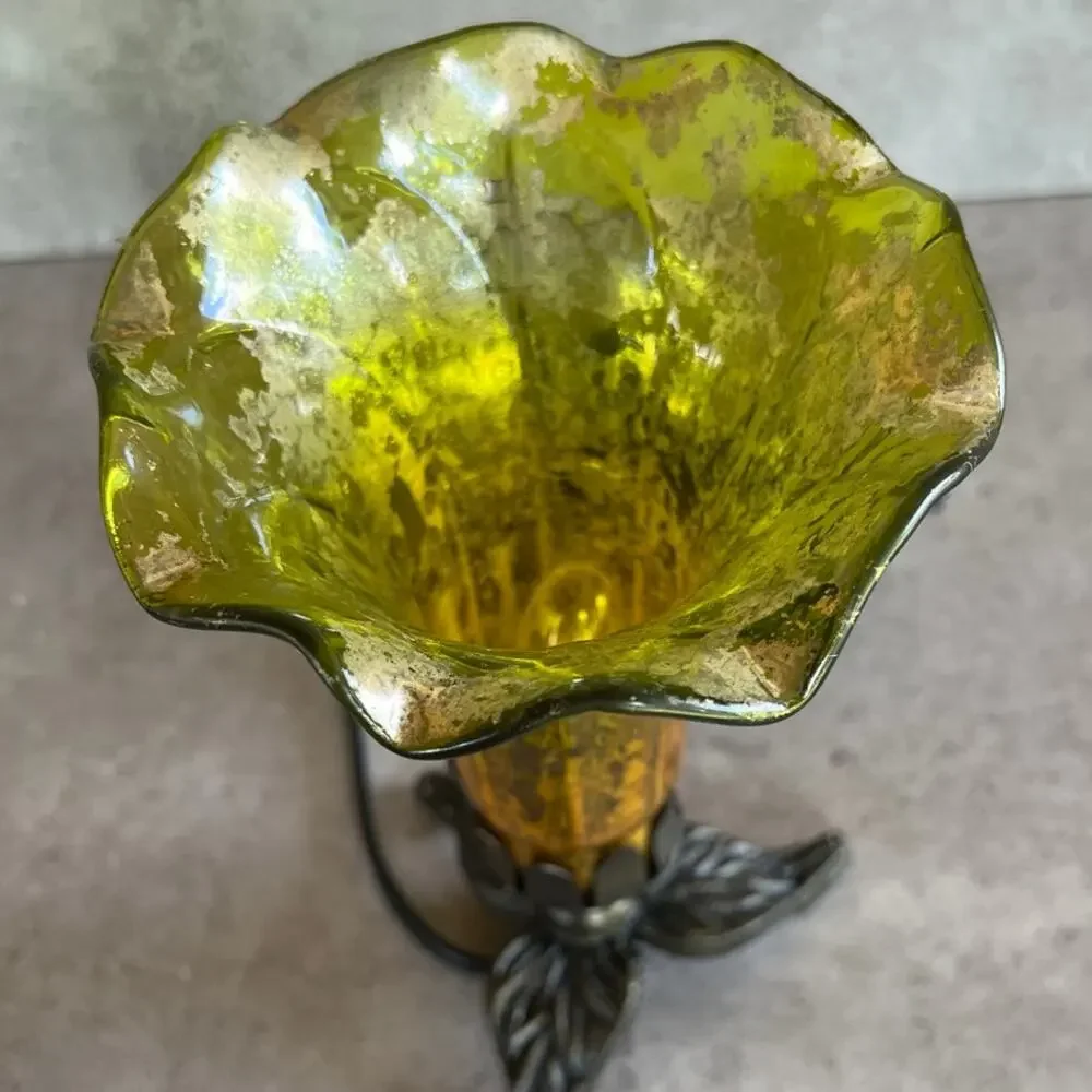 Hand Blown Mercury Glass Lily Lamp w/ Leaf Base green yellow funky fairy decor